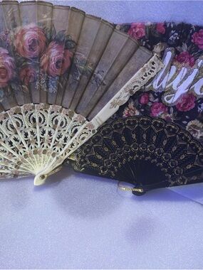 2 Vintage Handheld Fans-1 Elegant Floral - 1 BlackGold Pink Folding Fans
